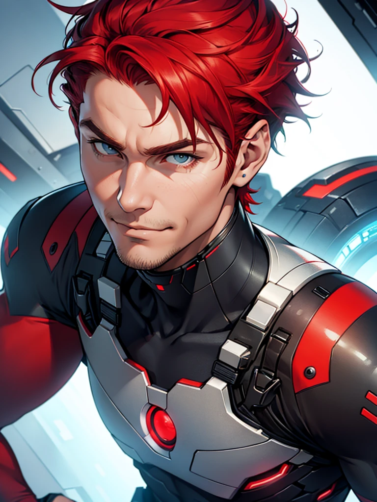 Man with short hair, Red hair, looks at the camera, Smirk, futuristic suit,