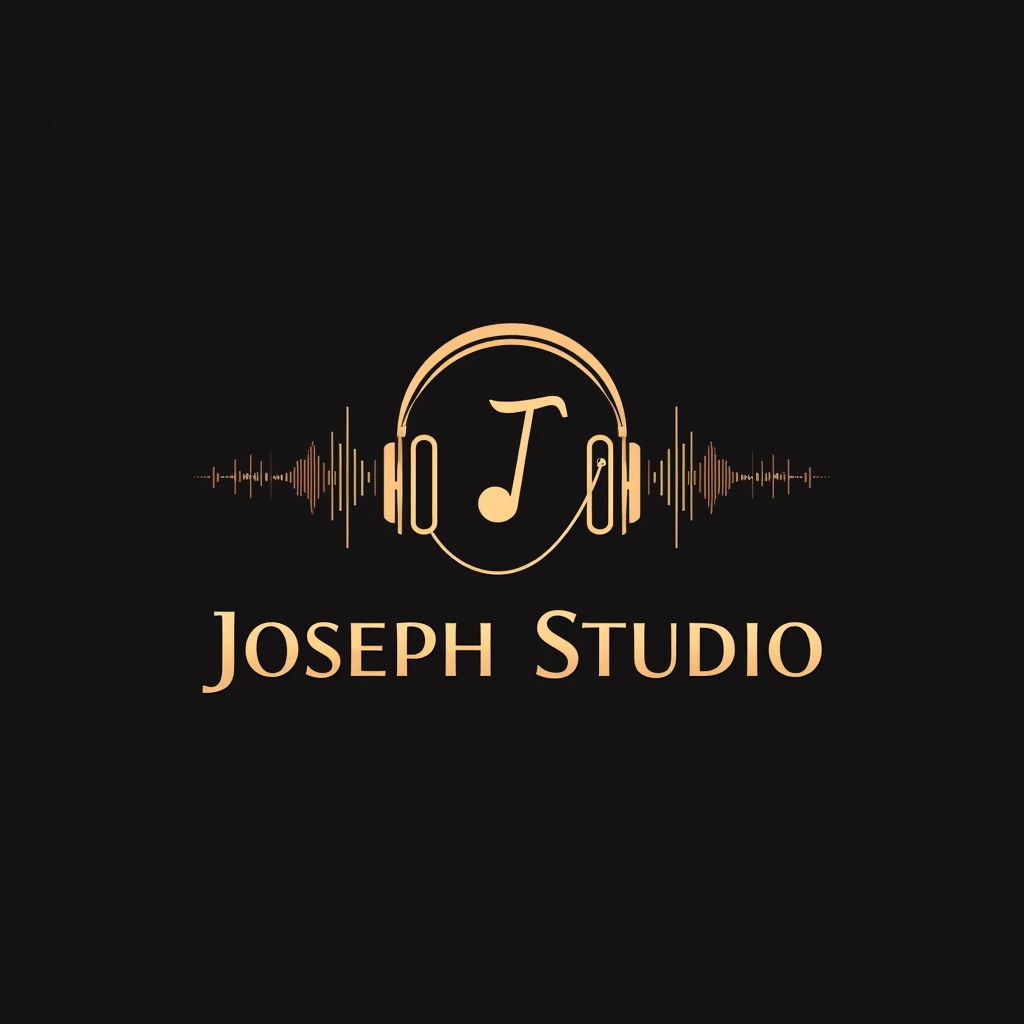 Design a logo for "Joseph Studio" that includes the following elements:
- **Headphones:** Surrounding a musical wave formed by the letter "J."
- **Musical Wave:** It should be modern and harmonious, expressing creativity and innovation.
- **Elegant Text:** Below the design, use a flowing and professional font to write "Joseph Studio." Wraps around the Headphones
- **Colors:** Choose a modern and neutral color palette, such as black and gold or burgundy.
The logo should reflect the essence of musical creativity and modern technology.