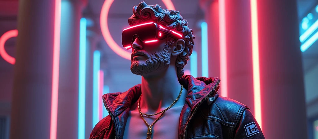 A striking digital artwork that masterfully blends classical Greek sculpture with futuristic cyberpunk elements, reimagining the iconic David figure as a bold, edgy character. The figure dons a graffiti-style jacket, a vibrant red circle headpiece, and 3D virtual reality glasses, exuding a modern flair. A luminescent neon cigarette adds a touch of surrealism, while a golden necklace symbolizes the eternal connection between past and present. Set against a mesmerizing collage of neon lights, digital illustrations, and high-contrast illumination, the background creates a nostalgic yet innovative atmosphere. This groundbreaking piece expertly merges traditional artistry with modern technology, challenging artistic conventions and sparking the imagination.