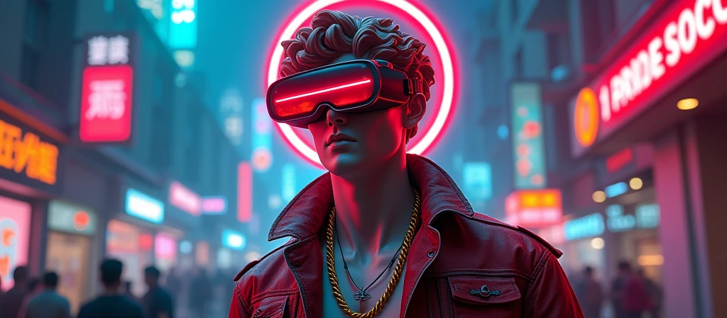 A striking digital artwork that masterfully blends classical Greek sculpture with futuristic cyberpunk elements, reimagining the iconic David figure as a bold, edgy character. The figure dons a graffiti-style jacket, a vibrant red circle headpiece, and 3D virtual reality glasses, exuding a modern flair. A luminescent neon cigarette adds a touch of surrealism, while a golden necklace symbolizes the eternal connection between past and present. Set against a mesmerizing collage of neon lights, digital illustrations, and high-contrast illumination, the background creates a nostalgic yet innovative atmosphere. This groundbreaking piece expertly merges traditional artistry with modern technology, challenging artistic conventions and sparking the imagination.
