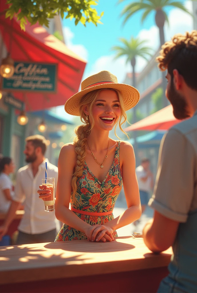 A young woman with a carefree spirit works at an outdoor cafe on a sunny day. She's wearing a colorful sundress and a straw hat, her long, blonde hair tied up in a ponytail. She's laughing and talking with a male customer, her infectious energy filling the air. The cafe is filled with the sound of music and laughter, and the atmosphere is vibrant and exciting.