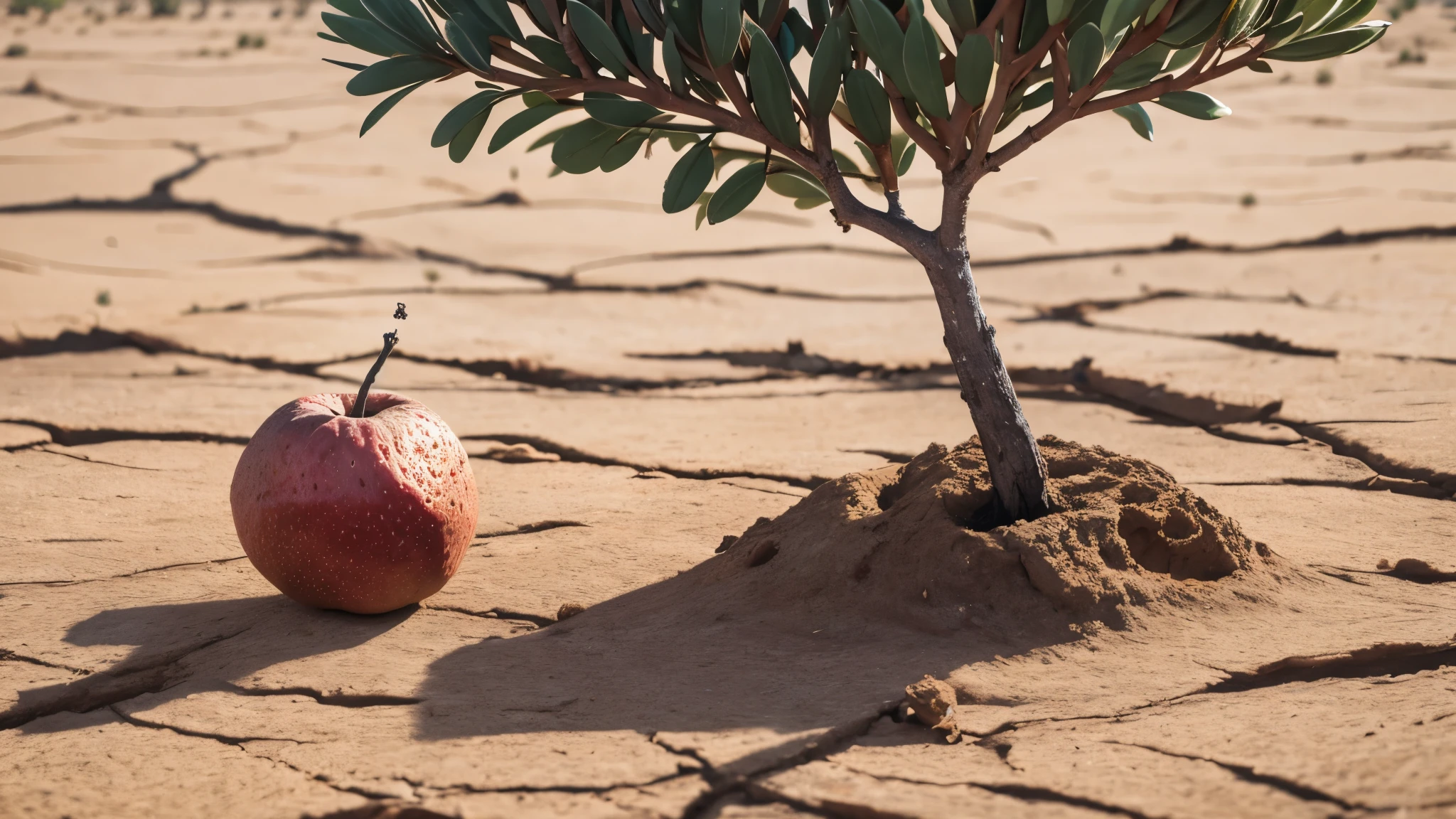 A closeup image In a dry flat land with a small tree with only one fruit hanging from it