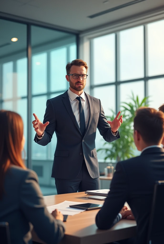 Depict a scenario where a discussion is happening in an office environment and a person is speaking 