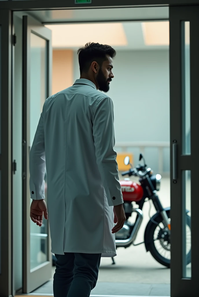 30 years Indian male doctor is leaving from the hospital, his royal Enfield bike is at the outside of the hospital. He has thin light beard and had good hair style. His back side should only displayed