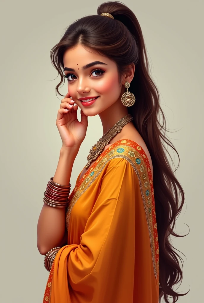 India girl wearing salwar suit brown hairs with single ponitail height 5 feet 2 inch smiling face sharp chin  looking front hand on chicks