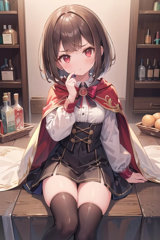 Beautiful illustrations、(masterpiece、Highest quality、8k ), (Beautiful details), Highly detailed face, Perfect lighting, Extremely detailed CG, (Perfect hands, Perfect Anatomy), 1 cute girl,female child, cute face, tareme, ((Serious)), forehead, bob cut, brown hair, ((swept bangs)), red eyes, angled eyebrows, Cape、((chemist)),Slender,  Thighs、