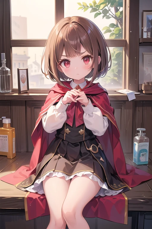 Beautiful illustrations、(masterpiece、Highest quality、8k ), (Beautiful details), Highly detailed face, Perfect lighting, Extremely detailed CG, (Perfect hands, Perfect Anatomy), 1 cute girl,female child, cute face, tareme, ((Serious)), forehead, bob cut, brown hair, ((swept bangs)), red eyes, angled eyebrows, Cape、((chemist)),Slender,  Thighs、