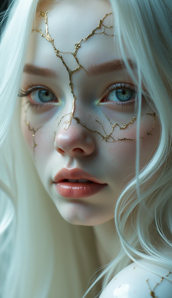 portrait of a woman with porcelain kintsugi skin,shattered porcelain skin,kintsugi,soft focus,half body editorial shot,detph of field,uncanny,long white hair,stunning perfect shining eyes,pale skin,shy smile,intricitaly hyperdetailed,amazing depth,expansive details,cracked surface,iridescent surface,Anna Dittmann,Dominic Qwek,complex masterwork by head of prompt engineering