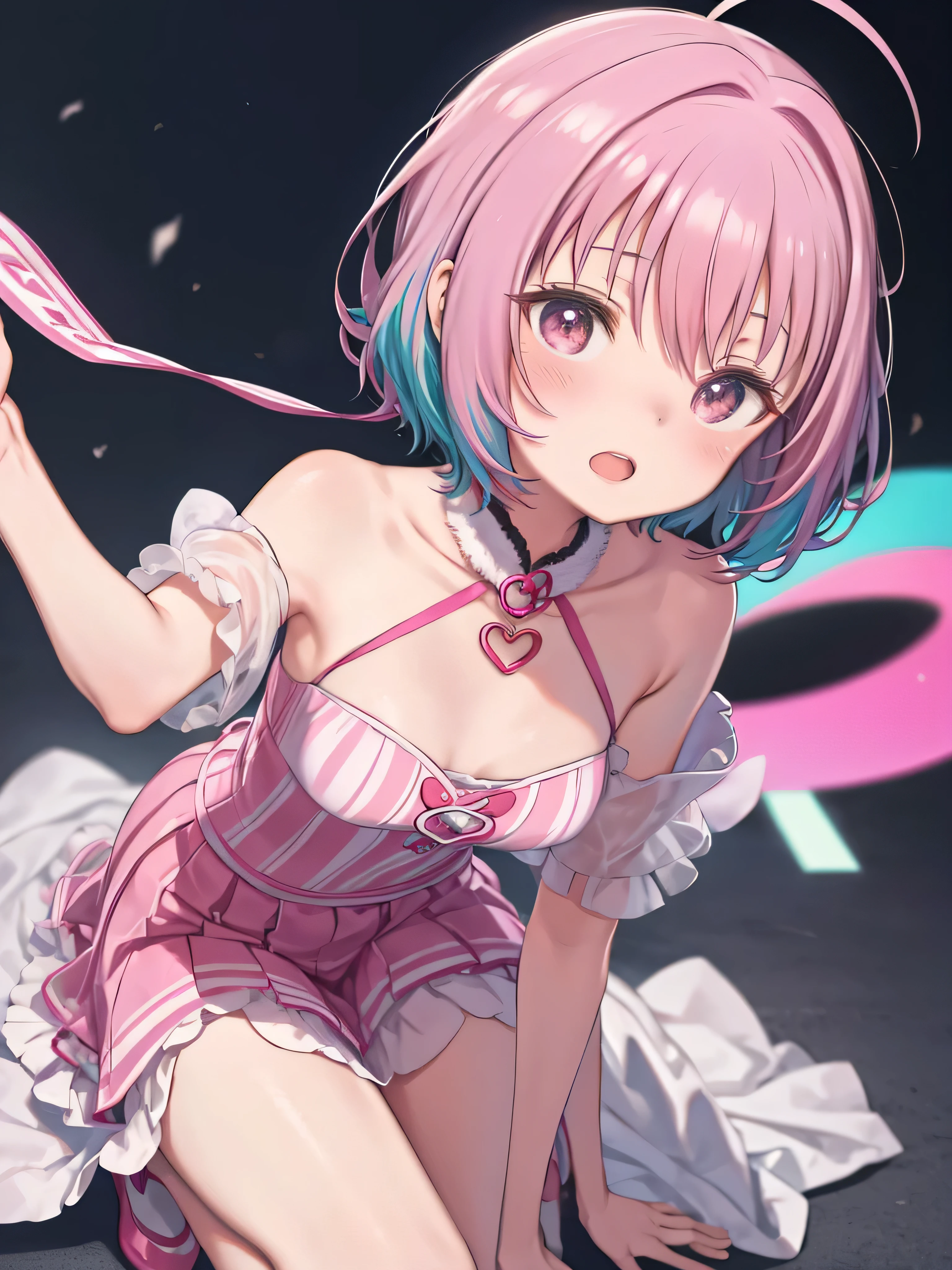 Highest quality, masterpiece, High resolution, alone, {yumemi_riamu_Idolmaster Cinderella Girls:1.15}, pink_hair, Multicolor_hair, 2 Tone_hair, 前hair, green_hair, pink_eye, short_hair, Ahoge, hair_intake, blush, chest, Open_mouth, big_chest, teeth, heart, clavicle, jewelry