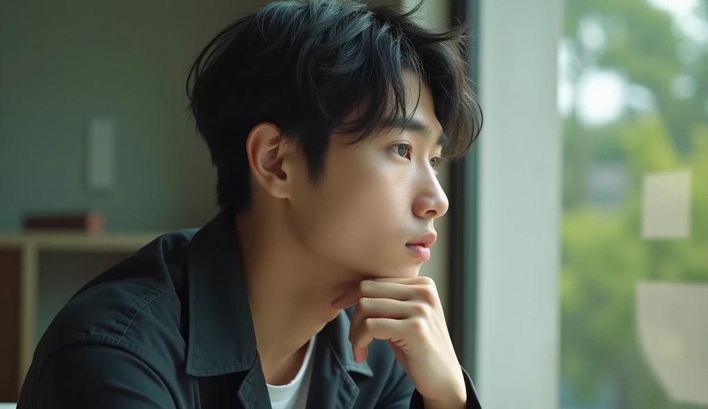 A Japanese male college student wearing fashionable clothes is looking out the window with a calm expression, resting his chin on his hand,Excited, A close-up photo of the face, In a calm room, with a natural look, With a slightly tired look, tilt your face a little, Diagonal orientation, Average face