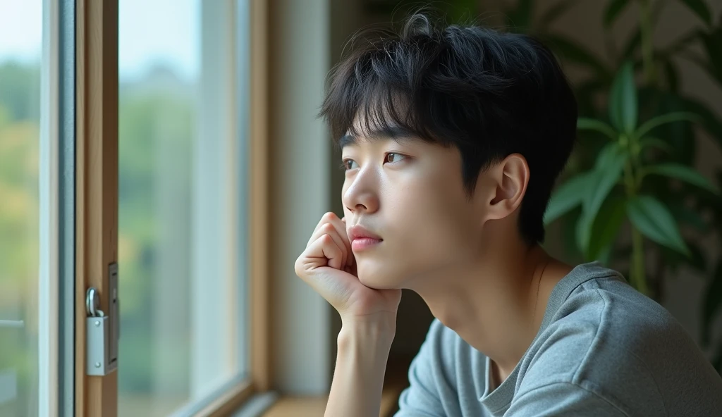 A Japanese male college student wearing fashionable clothes is looking out the window with a calm expression, resting his chin on his hand,Excited, A close-up photo of the face, In a calm room, with a natural look, With a slightly tired look, tilt your face a little, Diagonal orientation, Average face