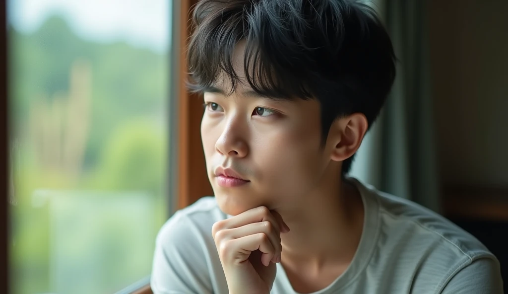 A Japanese male college student wearing fashionable clothes is looking out the window with a calm expression, resting his chin on his hand,Excited, A close-up photo of the face, In a calm room, with a natural look, With a slightly tired look, tilt your face a little, Diagonal orientation, Average face