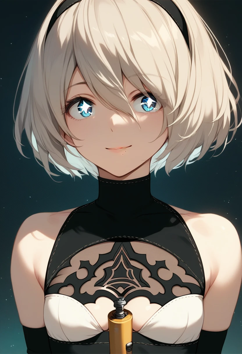score_9, score_8_up, score_7_up, score_6_up, score_5_up, score_4_up
BREAK {erotic face,looking away,enchanting smile}, BREAK {solo, (2B of Nier Automa:1.4)), (slender body,small breasts),(lightbrown_lightwhite colored hair:1.4, short cut hair), (medium mouth:1.2),(narrow and sharp eyes:1.4,blue-glay eyes,sparkling eyes:1.1),(black hairband:1.4)
BREAK {(cleavage between breasts:1.2)}