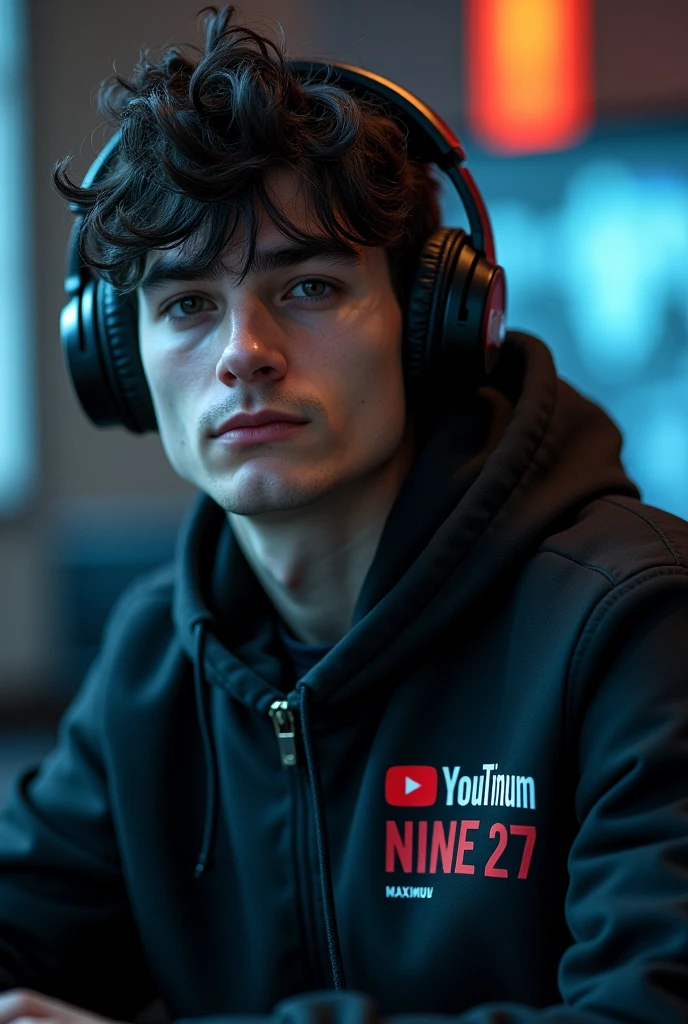 I want a gamer boy with dark hair, headphones, a black jacket and in the middle it says maximum nine 27 with the YouTuber logo
