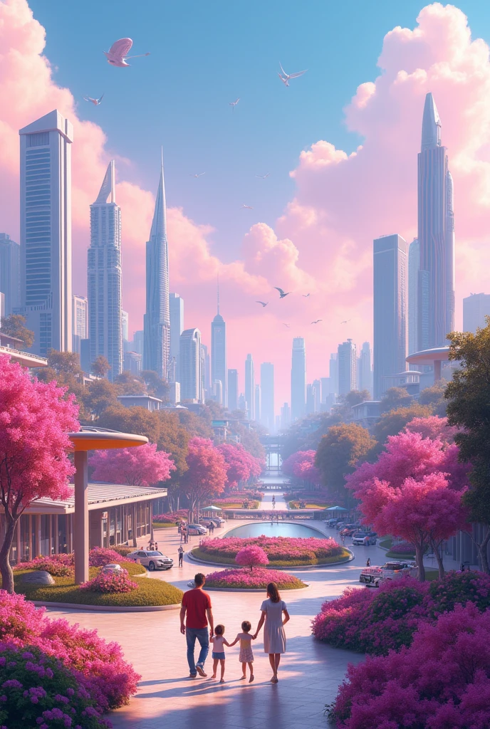 A smart town with short and  tall buildings.,with a pinkish  garden  at the middle of the town, and a family woth a baby, and pink and blue sky with some luzury car but not so much pink.and with a playground  with some kids playing 
