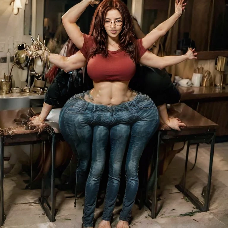 (Four headed)Masterpiece, best quality, 1girl, solo, 2, adult, bright red hair, messy hair, asymmetrical hair, ahoge, long hair, aqua eyes, huge round breasts, toned, 167cm, pale skin, glasses, grin, olive green shirt, jeans, midriff peek, (five heads one body)full body shot,cute feet(extra limbs)( extra arms)many muscular arms