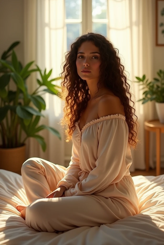 (photorealism:1.2), beautiful woman, sitting on bed, wearing loose off-shoulder top, pajama pants, long curly hair, indoors, soft lighting, plants in background, window with sunlight, cozy room, relaxed pose, realistic, intricate details, warm colors, by Greg Rutkowski, by Alphonse Mucha