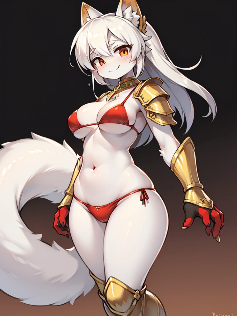 Busty female reptile,With shiny white scales and a long tail. Wearing a simple and sleek red mini bikini armor. . Brass knuckles on both hands,Posture straight,Full body portrait,Expression smile