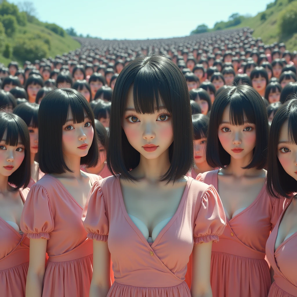 (((((Japanese Clone girls=Myself)))))), (((Best Super High quality Myself Clone girls Raw Photography Art))), (16K, Highest quality, Ultra-high resolution, RAW Photos), (((It&#39;s so unrealistic., With unparalleled depiction, With an unfathomable sight, An unprecedented and shocking worldview, Myself Clone girls in a world of mass proliferation, Ultra-realistic))), (((Japanese, woman, 18yo, Ogura Yuko))), (Small face, ((Thick black hair, Semi-long hair))), ((V-neck short-sleeve dress)), (((((Very detailed美しい女体, Accurate body structure, Very detailed完璧な, Super busty body with very large breasts, Clearly emphasizes cleavage))))), (((Dark Eyes, Mature face, Cute Smile, A gentle gaze))), (((Her happy and smiling expression is so cute))), ((((((((Very detailed分身増殖描写, ((1girl→Myself cloning→1,000,000,000,000,000,000,000,000,000,000,000,000,000,000,000,000,000,000,000,000Myself Clone girls)))))))))), ((((((((Very detailed, The precise depiction of the proliferation of Myself Clone girls, ((With the perfectly identical bodies of Myself clone girls, With the exact same face as the Myself clone girls, With the exact same hairstyle as the Myself clone girls, In the exact same clothes as the girls who are my clones, Perfectly the same height as the Myself clone girls, Super big breasts, just like the Myself clone girls)))))))))), (((Myself clone girls only))), (((Multiple pairs, Very detailed depiction, (Myself clone girls hug each other, Myself clone girls assemble, Fun conversations with fellow Myself clone girls, A fun conversation between Myself clone girls, Myself clone girls holding hands, Walking with lots of Myself clone girls)))), (((Everyone looks at the camera))), (((Unbelievably crowded, Transcendent Myself clone girls intimately, Countless Myself clone girls surround you in 360 degrees))), (Bright, soft sunlight), (((Very wide field of view, Very detailed, Detailed ultra-perspective depiction with clear depth, wide view))), (((((Landscape with a curved slope))))), (((Very photographic and detailed depiction, Myself clone girls will multiply infinitely and fill the surroundings from one side to the horizon with their bodies tightly packed together without any gaps., A scene of endless Myself clone girls and a fun atmosphere))), (Focus on the average value of the image)