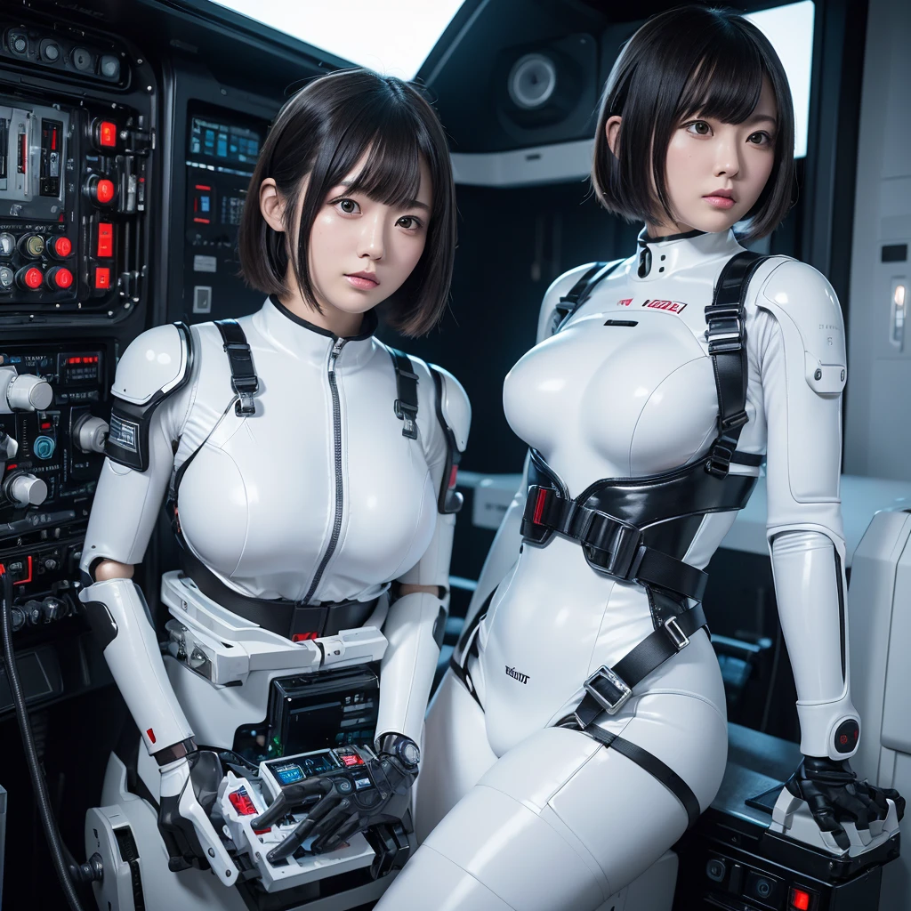 masterpiece, Highest quality, Very detailed,Portraiture, Japanese Android girl,Plump,Slightly thicker,Control panel,robot arms,robot,Android,cyborg,white robot body,Blunt bangs,robot repair plant,White and black bodysuit,cockpit,Harness Belt
