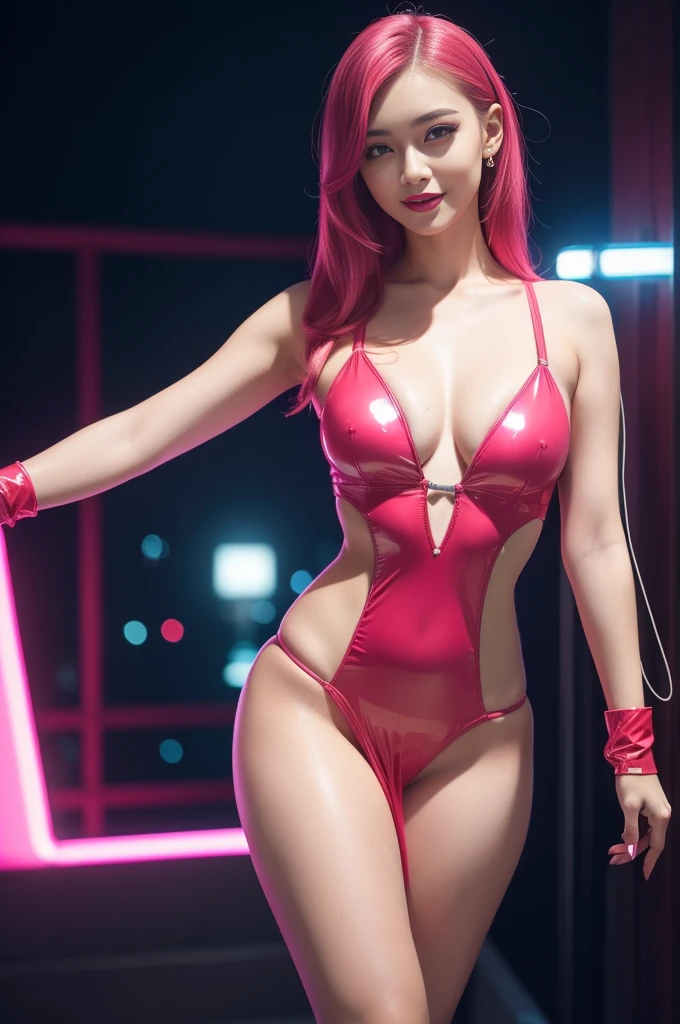 A beautiful, stylishly-dressed female idol with a glossy, transparent lipstick, happy smile, defined eyebrows, and long lashes, wearing a sheer, neon pink latex dress, posing provocatively in a full body, lesbian-themed scene, with colorful hair, (best quality,4k,8k,highres,masterpiece:1.2),ultra-detailed,(realistic,photorealistic,photo-realistic:1.37),vibrant colors,cinematic lighting,8k, highly detailed, photorealistic, professional photography, vivid colors