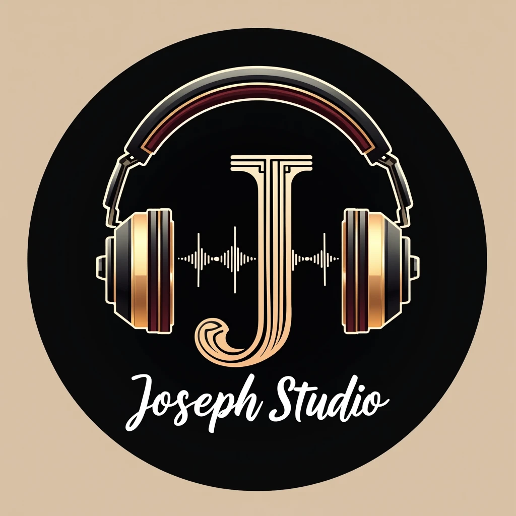 Design a logo for "Joseph Studio" that includes the following elements:

- **Headphones:** Surrounding a musical wave formed by the letter "J."
- **Musical Wave:** It should be modern and harmonious, expressing creativity and innovation.
- **Elegant Text:** Below the design, use a flowing and professional font to write "Joseph Studio." Wraps around the Headphones
- **Colors:** Choose a modern and neutral color palette, such as black and gold or burgundy.

The logo should reflect the essence of musical creativity and modern technology.