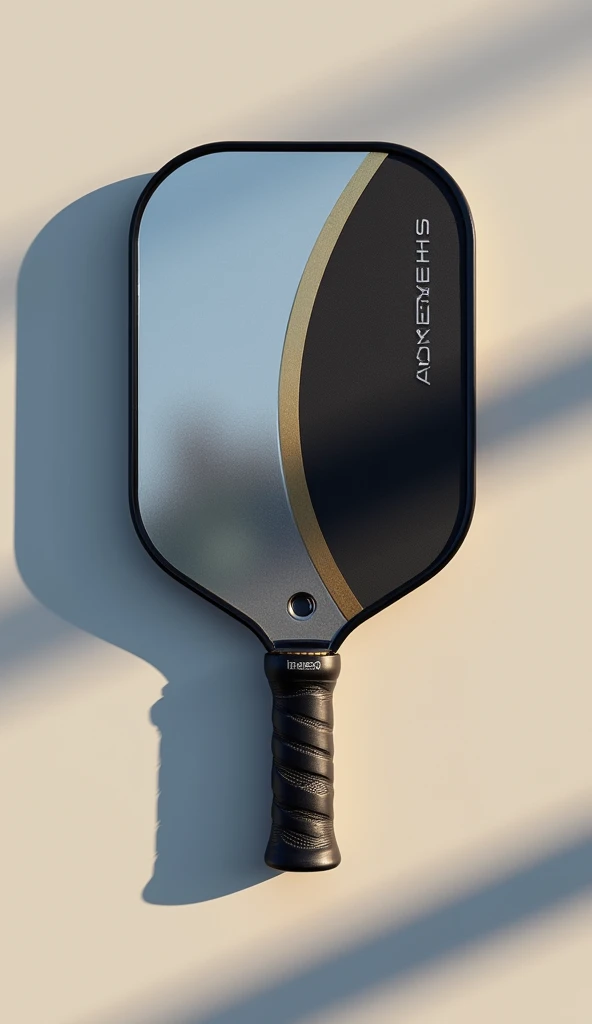 Create an image of a high-end pickleball paddle designed for players aged 30-50. The paddle should exude luxury and sophistication, featuring a sleek, premium design with high-quality materials. Incorporate elegant colors such as metallic silver, gold accents, or deep, rich tones. The paddle should have a refined and ergonomic shape with a comfortable, high-grip handle and a striking, polished finish. Include subtle, upscale detailing and textures that emphasize the paddle’s premium nature and appeal to discerning players. The overall design should convey exclusivity and top-tier performance.