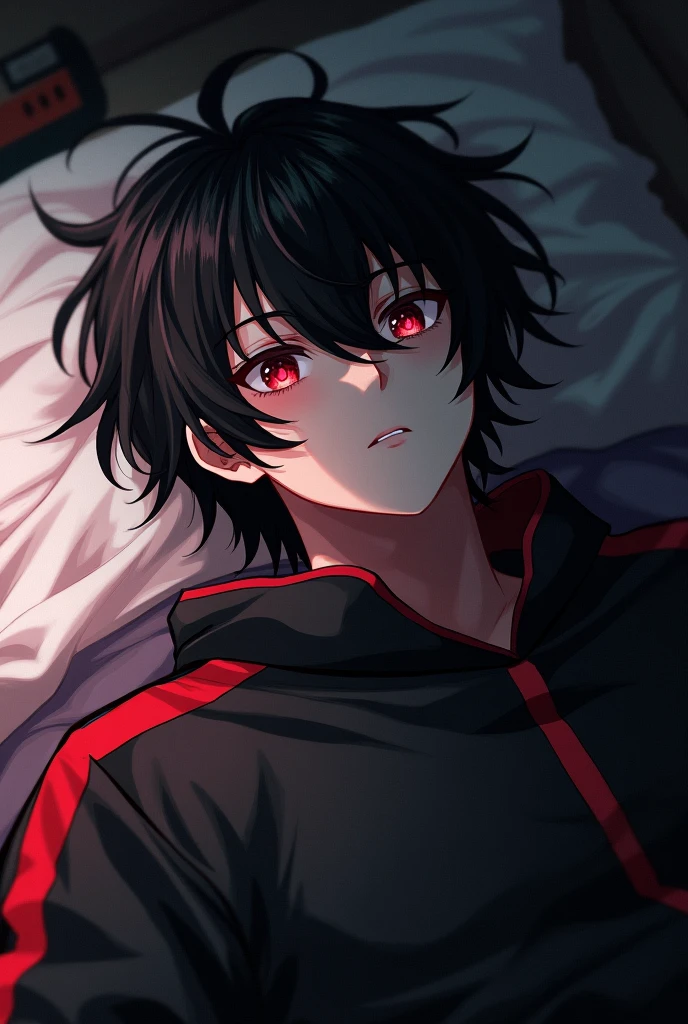 AN unconscious male character injured dying with red eyes black hair thrown to one side black sweatshirt with red details and a katana 