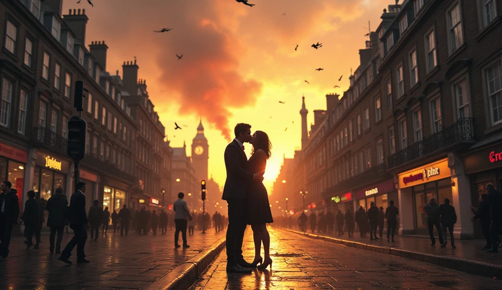 2024 London in chaos; couples kissing in the streets. Bombs falling from the sky
