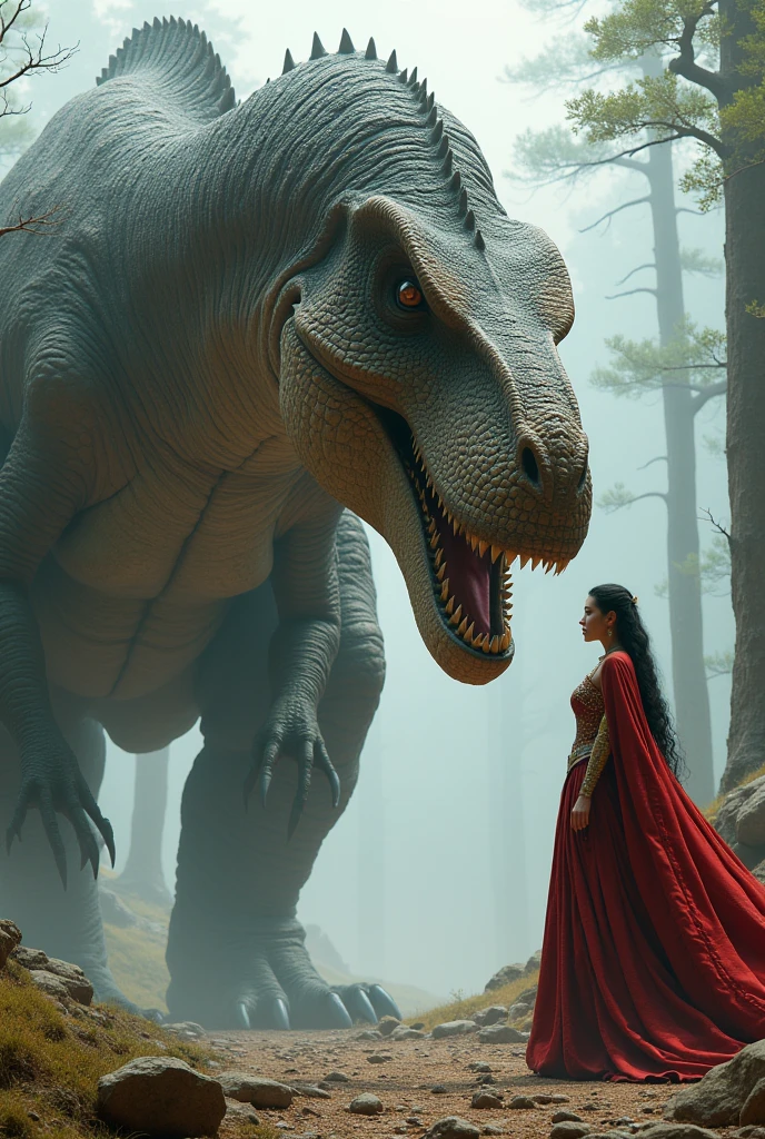 Background a big giant dinasour lokking at a queen