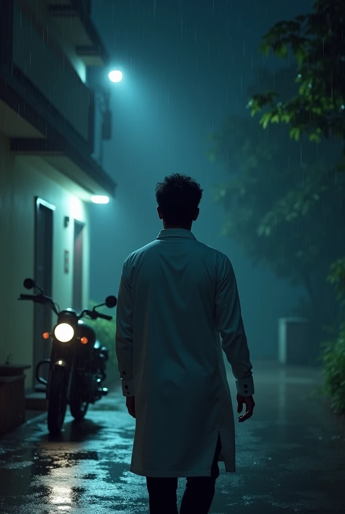 30 years Indian male doctor is leaving from the hospital, his royal Enfield bike is at the outside of the hospital. He has thin light beard and had good hair style. His back side should only displayed . This is at night time and raining.