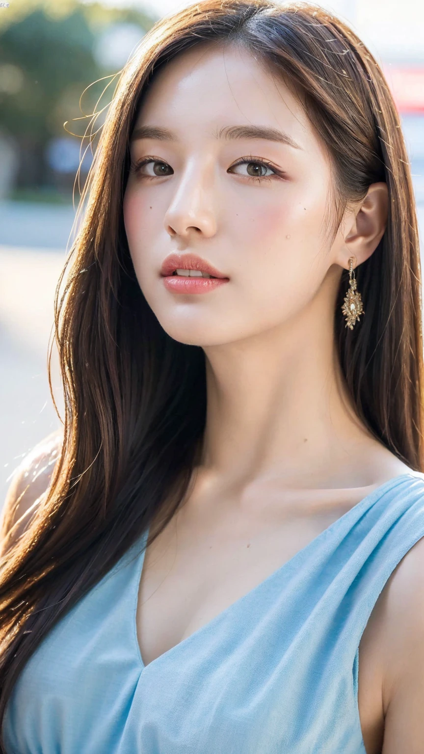 ((Best quality, 8k, masterpiece:1.3))，1girl，1，Asian，Real texture:1.3，(Background blur:1.3)，Dress，shopping mall，Tall and slender figure:1.2，(Hot summer weather)，Highly detailed face and skin textures，Exquisite eyes，Long eyelashes，Double eyelids，Skin Whitening，happy，Beautiful breasts