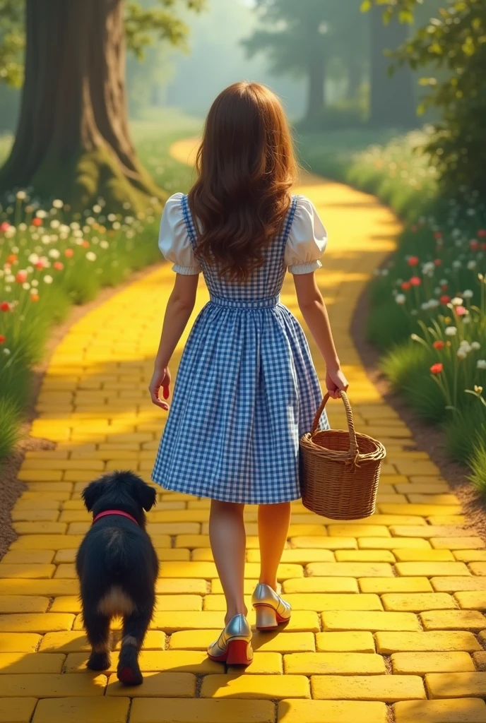 ((masterpiece)), ((best quality)), Dorothy Gale, low heel silver shoes on feet, carrying a basket over arm, small black dog, yellow brick road, perfect detailed eyes, perfect detailed face, ultra-detailed nose, charming, perfect face, dimple on cheek, depth of field, high resolution, ((real skin texture)), (well-proportioned hands), blue and white checked gingham dress, ager ((back view))