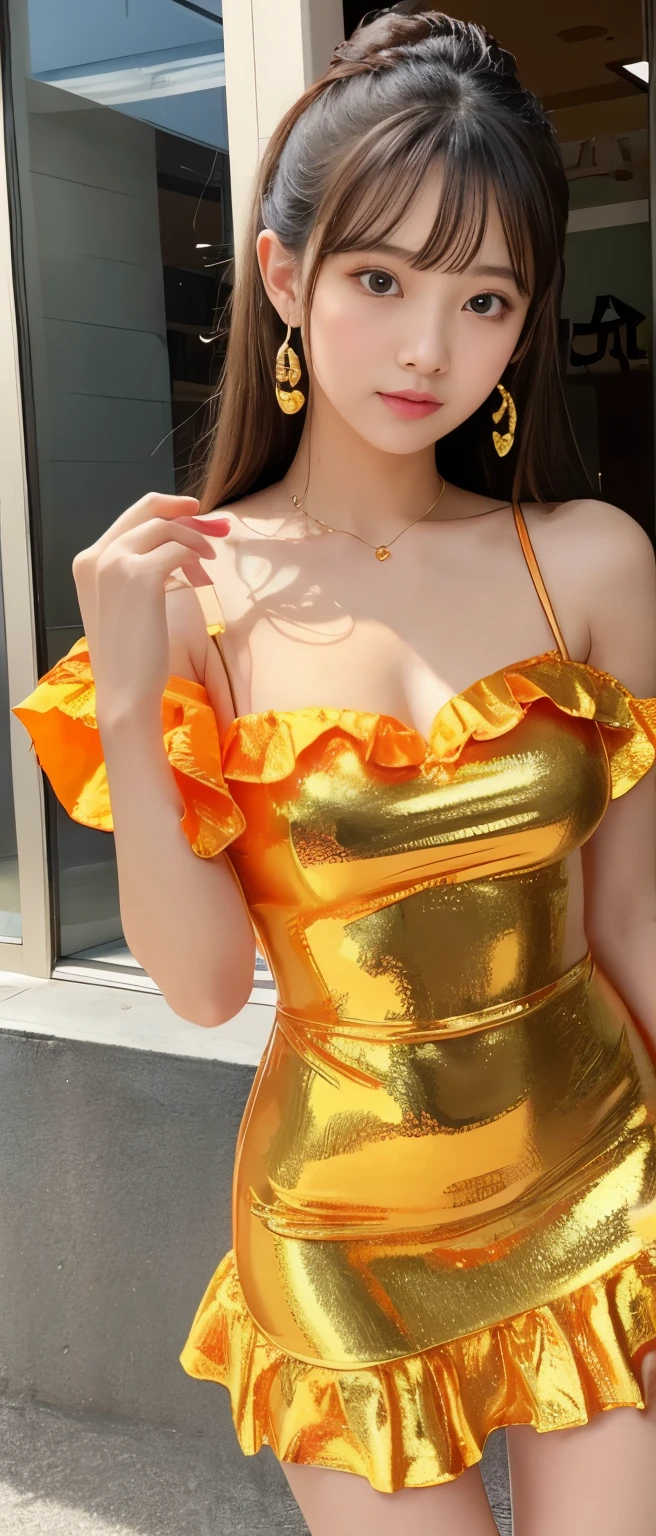 Gorgeous idol girl、whole body、Good style、、、、、、、、、、Thick legs、、、Shiny orange and gold flame pattern ruffle mini dress（Fire Diadem）、、Cool girl face、、、、、、
