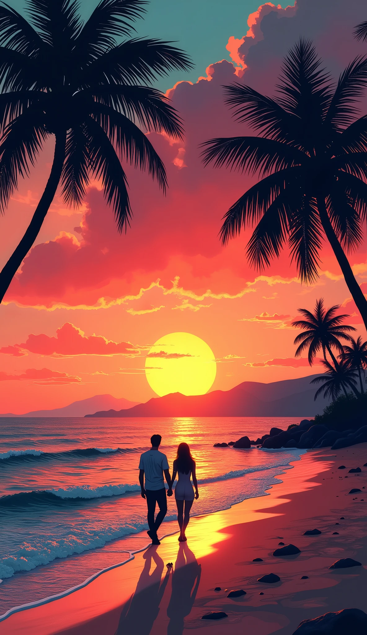 A beautiful sunset scene on a tropical beach, where a couple is walking hand in hand along the shoreline. The sun is setting in the horizon, casting a warm orange and red glow across the sky and reflecting on the calm ocean water. Silhouetted palm trees frame the scene on the left, with their shadows stretching out towards the water. The beach is peaceful, with gentle waves lapping at the shore, and the distant outline of more palm trees and small hills can be seen in the background. The atmosphere is serene and romantic.Hawaii, gta vice style , illustration , reteo comic illustration moody, melancholic, vibrant color, detailed, akira --ar 16-9 --niji 6

