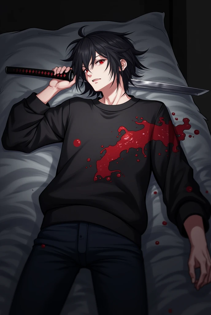 AN unconscious male character injured dying with red eyes black hair thrown to one side black sweatshirt with red details and a katana