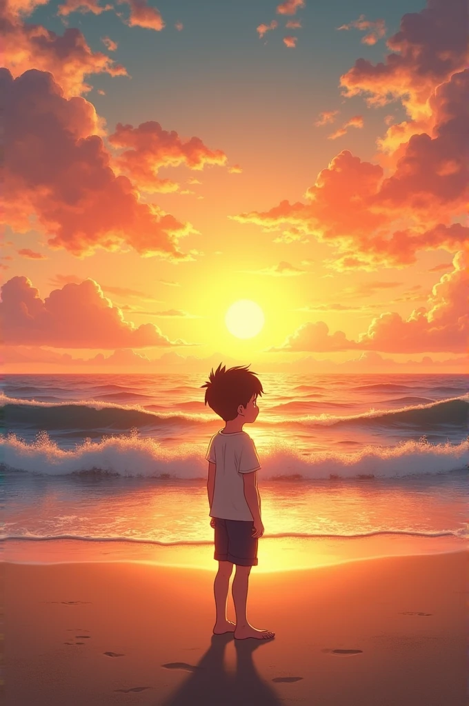 A boy standing alone in beach and sunset view