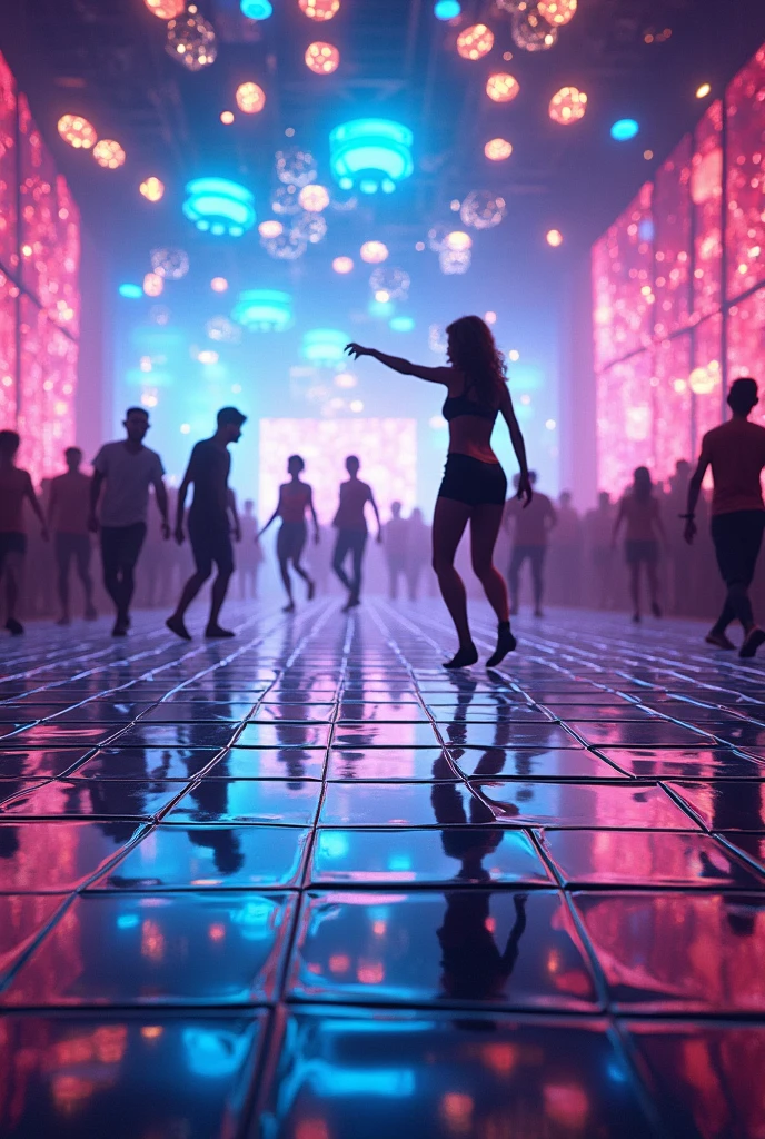 A pulsating dancefloor transformation, from the year 2050 to 3000, unfolds in captivating detail. Gleaming chrome tiles blend seamlessly with holographic swirls of neon colors, creating a mesmerizing sight of futuristic evolution. This image is a digital rendering, showcasing the fusion of technology and art in the dance scene of the future. Every pixel is meticulously crafted, from the fluid movements of virtual dancers to the shimmering reflections of artificial light. The overall effect is a stunning depiction of the evolution of dance culture, where innovation meets creativity in a dynamic visual narrative.