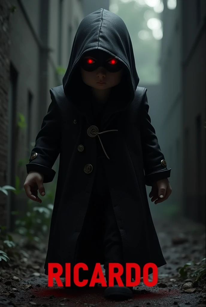 A Minecraft character that is Assassins and wears black and white clothes and has Ricardo written underneath it in big red letters and has a dark and angry vibe.