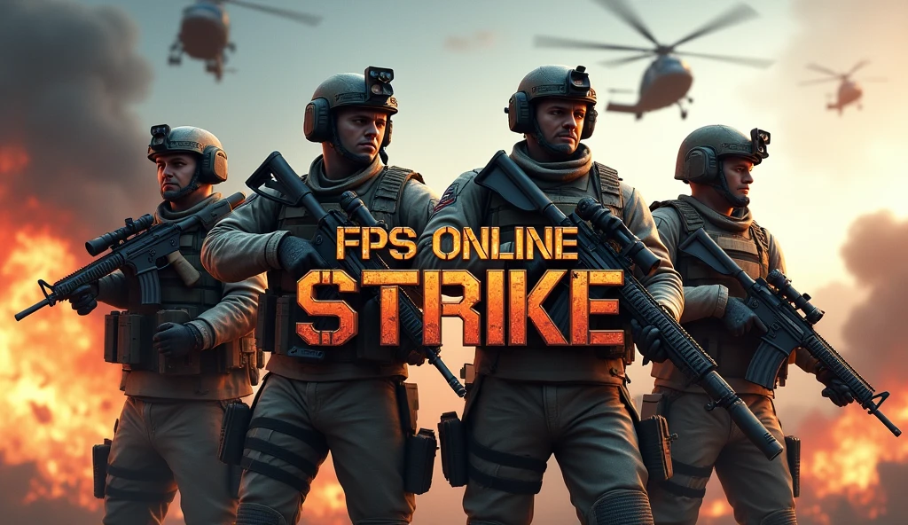 The image shows four soldiers in full military gear standing in a row, each equipped with weapons such as rifles. They appear ready for battle, with a backdrop that includes explosions and helicopters. The title "FPS Online Strike" is prominently displayed in the center, indicating that this is likely a promotional image for a first-person shooter (FPS) game.
### Detailed Prompt:
"Create a dynamic promotional image for an FPS (First-Person Shooter) online game. The scene should feature four highly detailed soldiers in full combat gear, each holding different weapons like assault rifles and sniper rifles. The soldiers should appear ready for battle, standing in a formation with a dramatic backdrop of explosions, fire, and helicopters in the sky. The title 'FPS Online Strike' should be prominently displayed in the center with bold, metallic text. The overall mood should convey intensity, action, and military strategy."