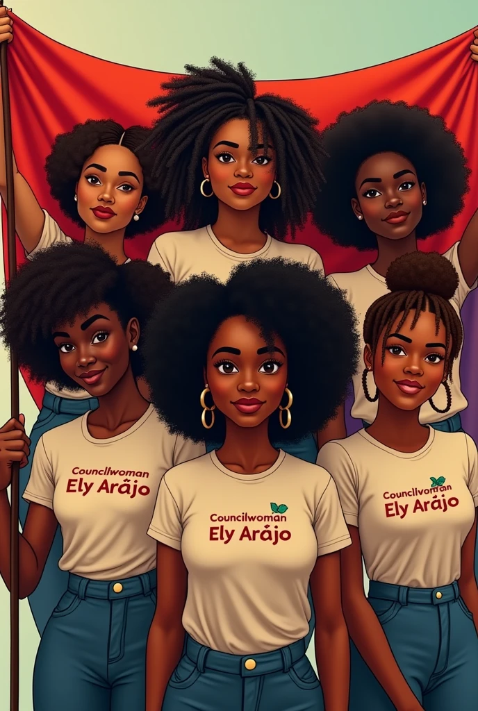 Create an image of black women with natural hair holding a flag and shirts with the phrase Councilwoman Ely Araújo