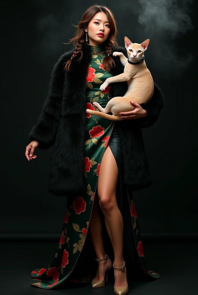 beautiful tanned japanese woman, wearing a designer fluffy black glittery fur coat, and floral (dark green, red, gold) fabric loose long cheongsam satin dress with ((high collar)) ((turtle neck)) ((no cleavage)) ((covered boobs)), thick eyebrows, photorealistic, masterpiece, moncler, messy two braids brown highlighted hair, open coat, lips pouting, pouts, void black background with smokes and nice lighting, holding big realistic tan hairless cat with big ears and wrinkles skin ((sphinx)) with black collar. golden sequin gold heels.
