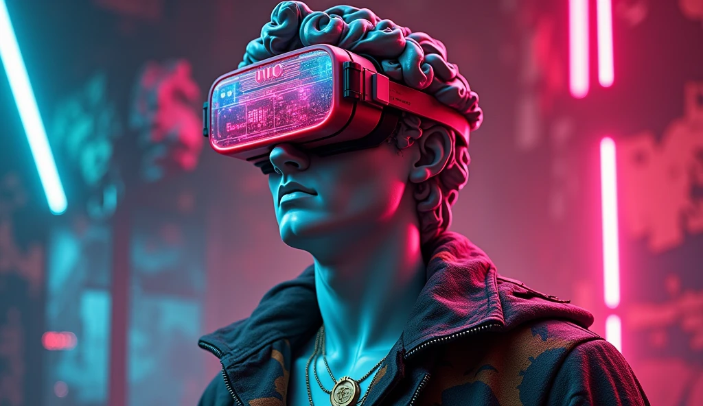 A striking digital artwork that masterfully blends classical Greek sculpture with futuristic cyberpunk elements, reimagining the iconic David figure as a bold, edgy character. The figure dons a graffiti-style jacket, a vibrant red circle headpiece, and 3D virtual reality glasses, exuding a modern flair. A luminescent neon cigarette adds a touch of surrealism, while a golden necklace symbolizes the eternal connection between past and present. Set against a mesmerizing collage of neon lights, digital illustrations, and high-contrast illumination, the background creates a nostalgic yet innovative atmosphere. This groundbreaking piece expertly merges traditional artistry with modern technology, challenging artistic conventions and sparking the imagination. 