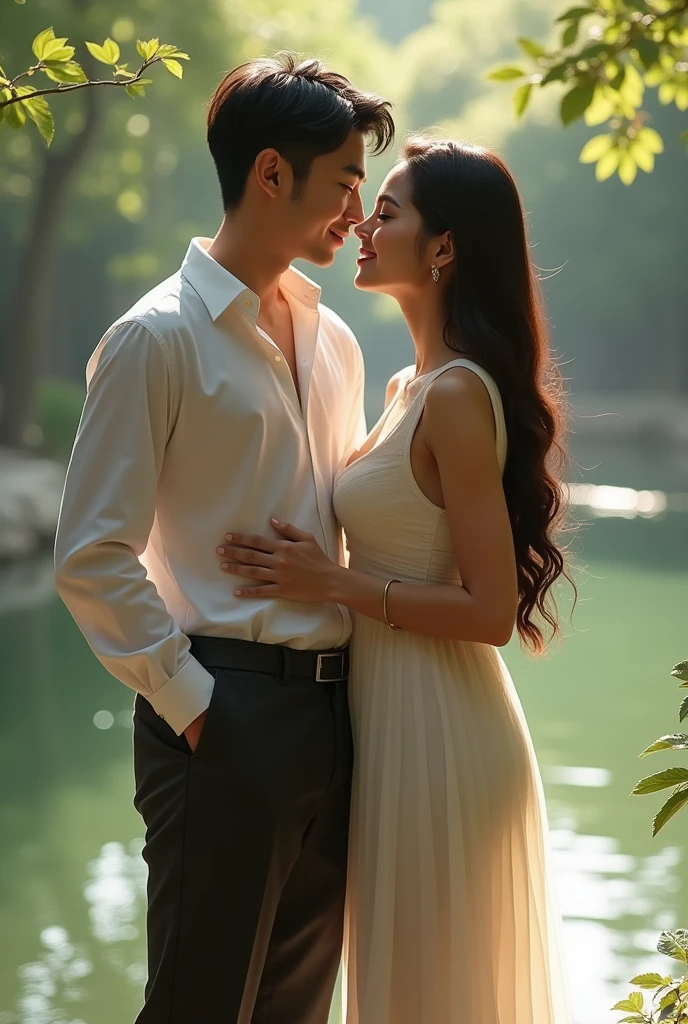 Near the pond, two people stood side by side, indian hot boy, indian hot girl and Fenghua Zhong, Inspired by Zhang Han, cute couple, with modern clothes, they are siblings, zmonzheng, Wearing modern clothes, modern clothing, 😭🤮 💔,it looks like realistic and girl boobs look big