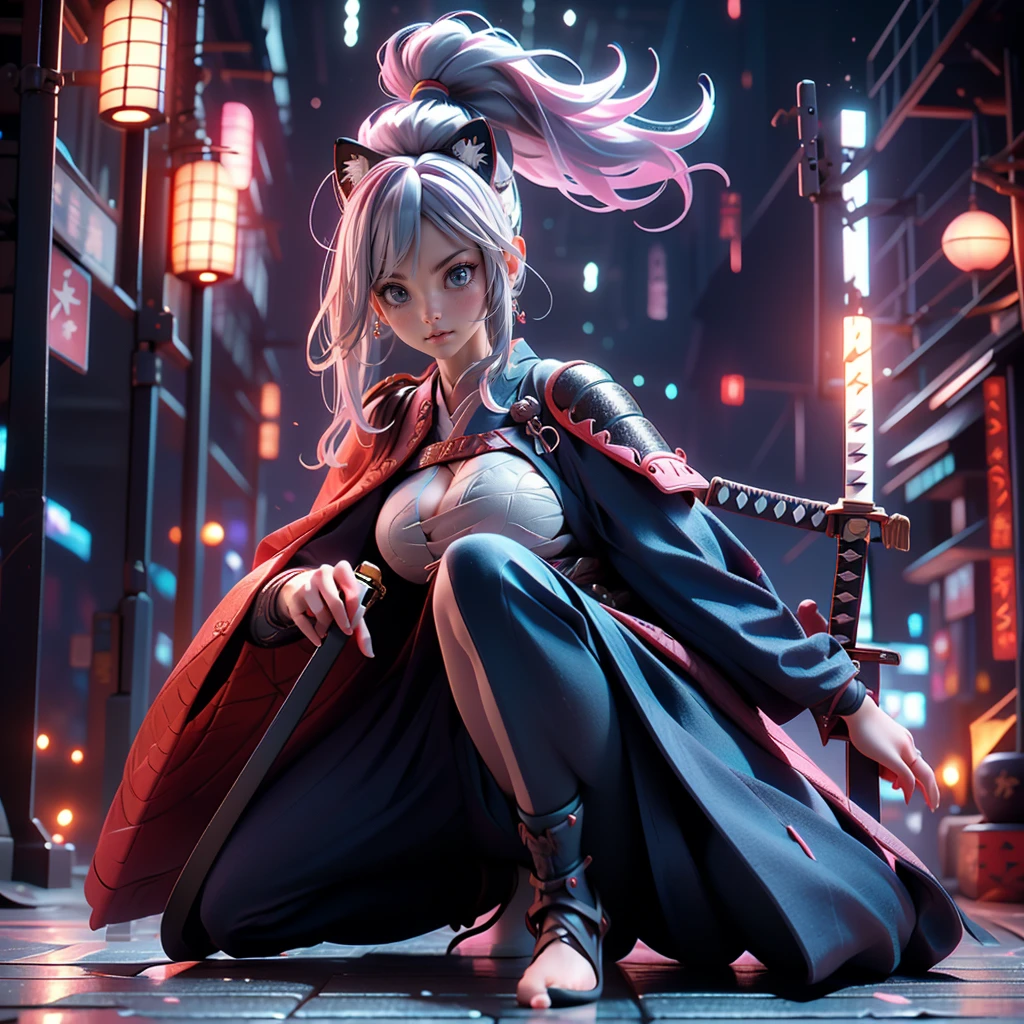 Moisturized Skin, (blue eyes), Realistic body, (Adult female body), Attractive breasts, ((Overlord color supremacy)), Energetic, 3DCG, front, Pink lipstick, (Silver Hair), (Cat ear), Beautiful Hair, Long Hair, ponytail, (((Samurai Armor: 1.3))), ((masterpiece + Highest quality + High resolution + Very detailedな)), (whole body: 1.2), Perfect fingers, Perfect limbs, Anatomically correct, Textured skin, Very detailed, Anime character holding a sword in the night city、Very beautiful cyberpunk samurai、She has a sword、Dramatic Katana Wielding Pose、Pulling out the sword。
