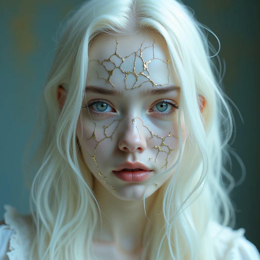 portrait of a woman with porcelain kintsugi skin,shattered porcelain skin,kintsugi,soft focus,half body editorial shot,detph of field,uncanny,long white hair,stunning perfect shining eyes,pale skin,shy smile,intricitaly hyperdetailed,amazing depth,expansive details,cracked surface,iridescent surface,Anna Dittmann,Dominic Qwek,complex masterwork by head of prompt engineering