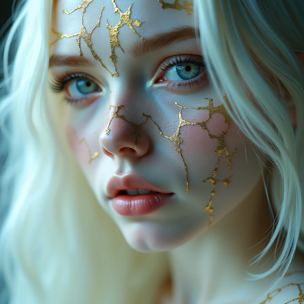 portrait of a woman with porcelain kintsugi skin,shattered porcelain skin,kintsugi,soft focus,half body editorial shot,detph of field,uncanny,long white hair,stunning perfect shining eyes,pale skin,shy smile,intricitaly hyperdetailed,amazing depth,expansive details,cracked surface,iridescent surface,Anna Dittmann,Dominic Qwek,complex masterwork by head of prompt engineering