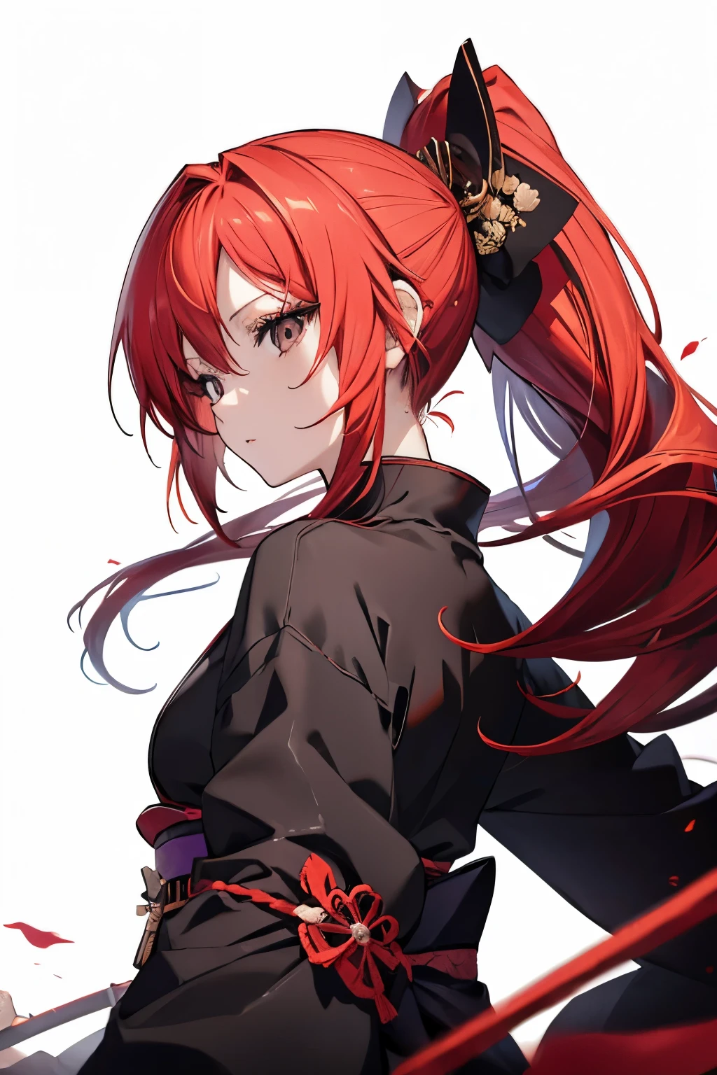 Anime girl, long red hair in a ponytail, black eyes, sharp features, black kimono, unsheathing a katana