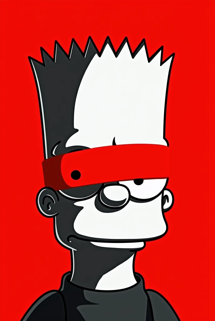 A stylized Art vectoriel portrait of Bart Simpson with a black and white face, partiellement obscurci par une bande rouge audacieuse sur ses yeux et sa bouche. L'arrière-plan est rouge uni. La figure semble solennelle, Art vectoriel