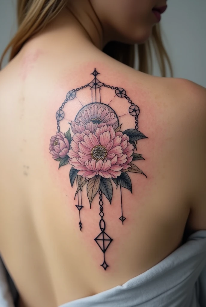 Tatouage pivoines signes astrologiques verseau etaureau chaine